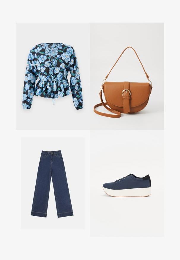 Gėlių peplum bluzonas su ilgomis rankovėmis. Juodas audinys puošia mėlynos gėlės ir žalios lapai. Kaklelio raišteliai, tekstūruoti detalės.; Plati džinsai tamsiai mėlynos denimo. Yra penki kišenės, diržo kilpos ir apatinė briauna su matomais siuvimo detalėmis.; Tamsiai mėlynas sportinis batelis su tekstūruotu audiniu viršuje, baltu platformos padu, apvaliu pirštu ir juodu kulno akcentu.š. Yra šešios skylės raišteliams.; Ruda odinė kryžminė rankinė, turinti kreivą formą, auksinius metalinius elementus ir sagtį. Yra nuimama petneša.