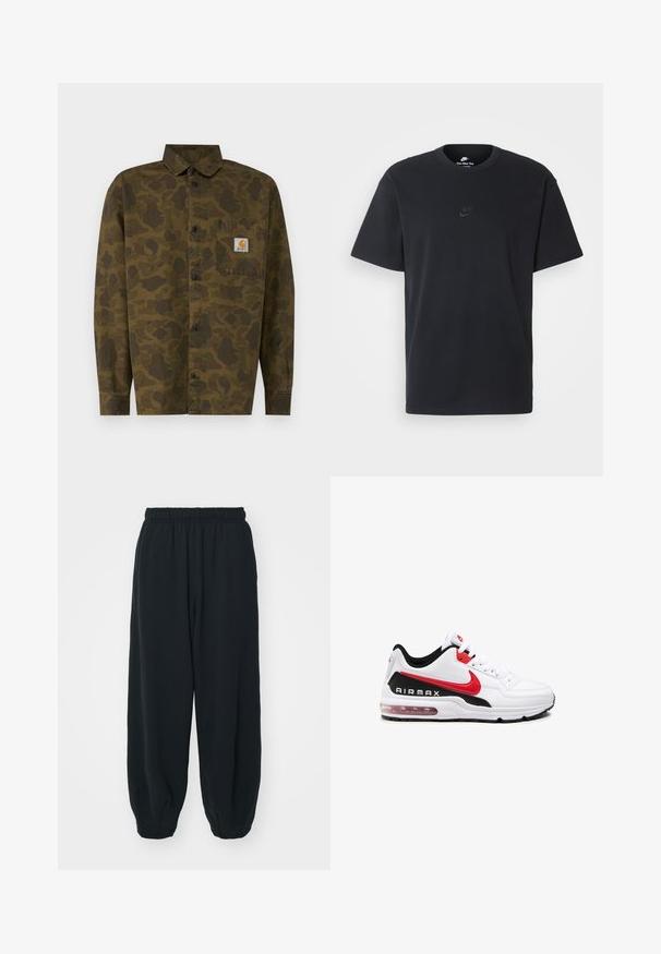 Camicia a fantasia mimetica in tonalità di verde e marrone, con design a bottoni, maniche lunghe e una tasca sul petto con una patch con logo.; T-shirt in cotone nero della Nike con collo rotondo classico, maniche corte e un logo in rilievo discreto sul petto. Texture liscia.; Pantaloni da jogging neri con vita elasticizzata, dalla vestibilità morbida, caviglie a costina, texture liscia e senza motivi visibili o dettagli in metallo.; Scarpa sportiva bianca con accenti neri e rossi, caratterizzata da una tomaia in pelle liscia, chiusura con lacci e ammortizzazione d'aria visibile nella suola.