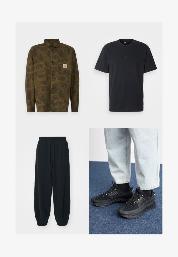 Camo-patterned shirt in shades of green and brown, features a button-up design, long sleeves, and a chest pocket with a logo patch.; Nike black cotton t-shirt with a classic crew neck, short sleeves, and a subtle, embossed logo on the chest. Smooth texture.; Black, elasticated-waist sweatpants with a loose fit, cuffed ankles, smooth texture, and no visible patterns or hardware accents.; Black athletic shoes with textured fabric and rubber soles, featuring elastic laces and a blue accent on the heel. Worn with light denim pants.