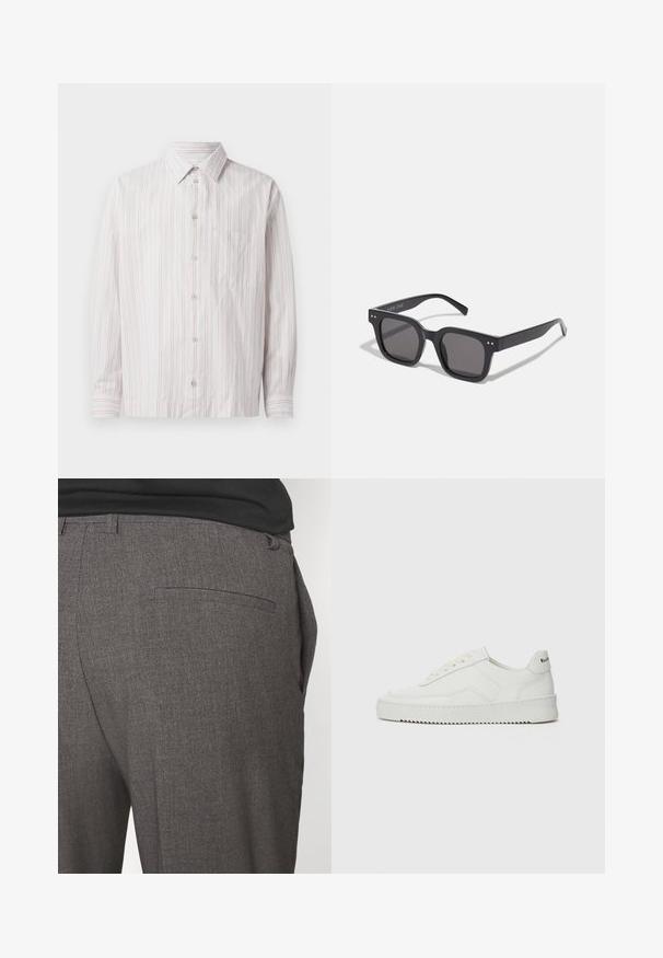 Camisa blanca de botón con finas rayas verticales rosas, cuello puntiagudo, mangas largas, un bolsillo en el pecho y dobladillo redondeado.; Camiseta blanca de algodón con mangas cortas, cuello redondo y un corte relajado. Presenta una pequeña etiqueta de marca en el lateral. Textura suave.; Pantalones grises ajustados con una textura suave, que cuentan con un bolsillo trasero y un diseño slim fit. La tela tiene un patrón sutil.; Zapatilla de cuero blanca con un acabado suave, puntera redonda, cordones planos y suela texturizada. Cuenta con un sutil logo en el talón.; Gafas de sol rectangulares negras con lentes oscuros, que presentan un marco grueso, acentos sutiles en los lados y sin logotipos visibles más allá del nombre de la marca.; Bolsa de lona en color beige claro con dos asas, con el logo "SAMSOE" impreso en blanco en la parte frontal. Forma rectangular con un diseño sencillo.