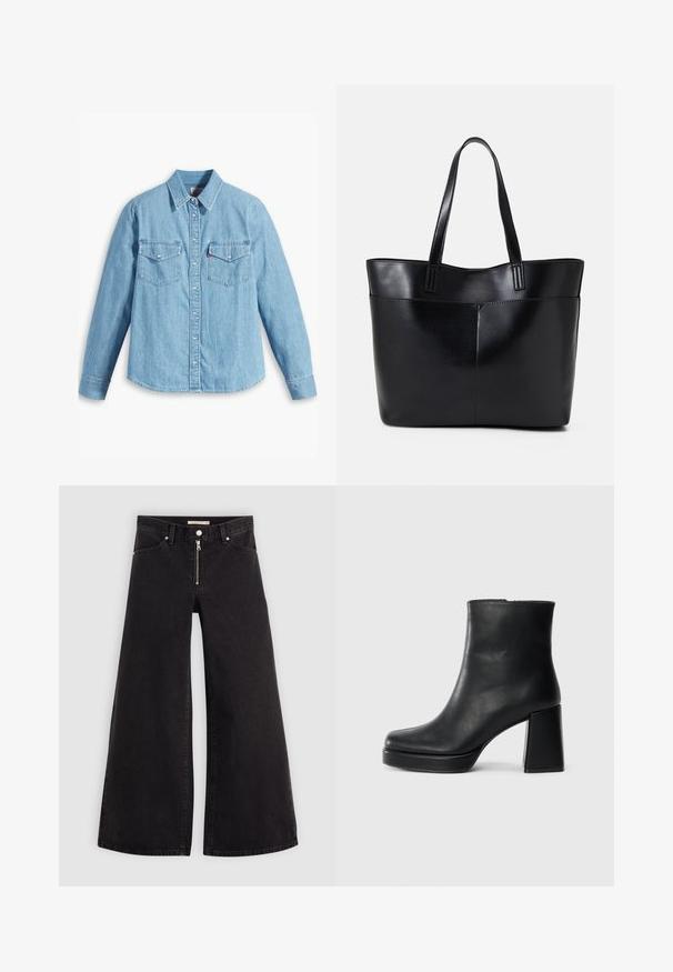 Camisa de ganga azul clara com mangas longas, colarinho pontudo, dois bolsos no peito, fecho de botão e uma textura subtil. Sem padrões visíveis.; Calças de ganga de perna larga em denim preto com fecho éclair à frente, design de cinco bolsos e detalhes de costura subtil. Textura suave e estilo casual.; Bota de couro preta até ao tornozelo com salto bloco e sola com plataforma, vista de lado sobre um fundo branco liso.; Bolsa tote preta em couro com duas alças longas, textura suave e forma estruturada. Apresenta um bolso frontal para armazenamento adicional.