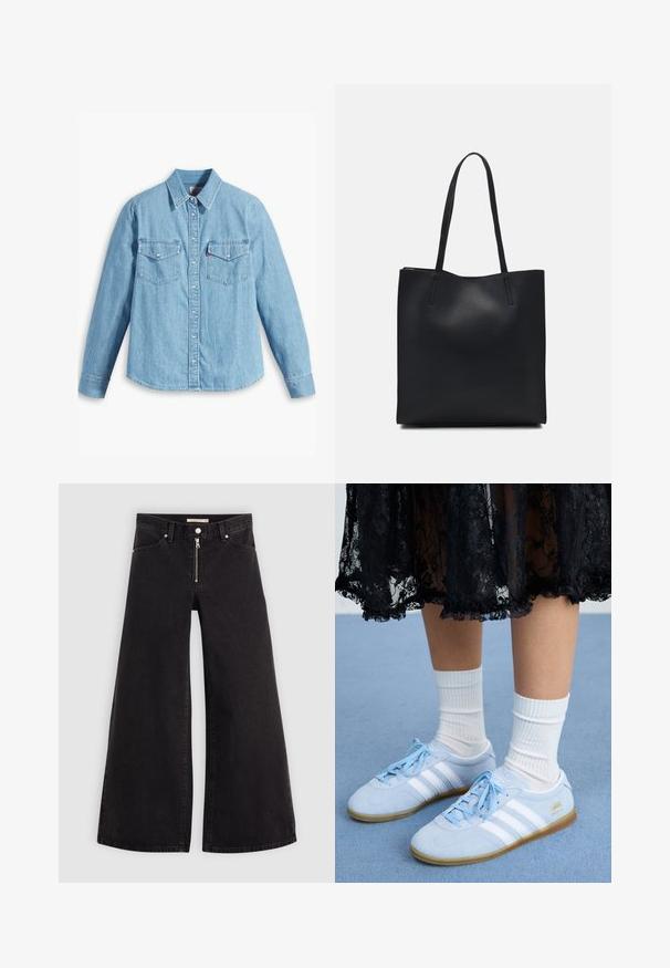 Camicia in denim azzurro chiaro con maniche lunghe, colletto a punta, due tasche sul petto, patta dei bottoni e una texture sottile. Nessun motivo visibile.; Jeans a gamba larga in denim nero con chiusura a zip, design a cinque tasche e dettagli di cucitura sottili. Texture morbida e stile casual.; Sneaker blu chiaro con strisce bianche e calze bianche, indossati con una gonna nera di pizzo, su una superficie di moquette blu.; Borsa tote in pelle nera con texture liscia, forma rettangolare e due manici lunghi. Nessun hardware o decorazione visibile.