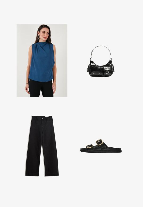 Kék, ujjatlan felső, drapált nyakkal és texturált anyaggal. Az irányvonal laza illeszkedésű, fekete, testhezálló nadrággal kiegészítve.; Fekete, bő szabású farmernadrág magas derékkal, elülső és hátsó zsebekkel, varrott felületekkel és gombos záródással. Sima textúra.; Fekete csúszó szandál, két arany csattal, sima textúrájú anyagból, lapos talppal és minimalista dizájnnal.; Fekete lakkbőr kézitáska ívelt formával, egy vállpánttal, elülső zsebekkel és ezüstszínű fémrészletekkel.