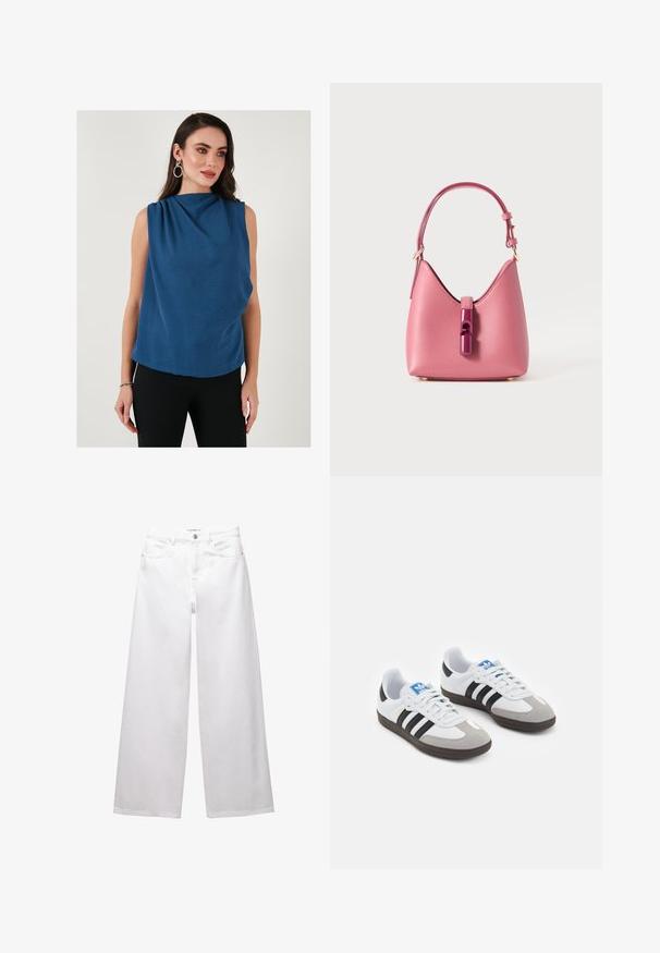 Top albastru, fără mâneci, cu un decolteu drapat și țesătură texturată. Silueta este lejeră, completată de pantaloni negri ajustați.; Jeans albe cu croi larg, confectionate din denim. Prezintă închidere cu nasture, buzunare frontale și posterioare, și cusături evidente. Textură netedă cu detalii minime.; Încălțăminte sport cu un superior din piele albă, vârf din suede gri și trei dungi negre. Prezintă un logo albastru pe limbă și o talpă din cauciuc texturat.; Geantă de mână din piele roz, cu o formă structurată, având un închizător lucios și o curea ajustabilă simplă. Finisaj texturat cu accesorii aurii.