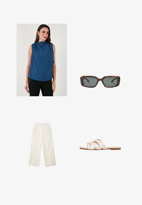 Niebieska, bezrękawnikowa bluzka z drapowanym dekoltem i teksturowanym materiałem. Sylwetka jest luźna, uzupełniona dopasowanymi czarnymi spodniami.; Spodnie z szerokimi nogawkami w kremowej tkaninie o gładkiej fakturze, z pojedynczym guzikiem z przodu, subtelnymi plisami i wysokim stanem.; Płaskie sandały z brązową gumową podeszwą, zaprojektowane z trzema nakładającymi się na siebie białymi skórzanymi paskami i małym detalem w postaci kokardy na środku.; Okulary przeciwsłoneczne w kratkę w kształcie prostokątnym, z grubymi oprawkami i ciemnymi szkłami. Gładka faktura i minimalistyczny design.