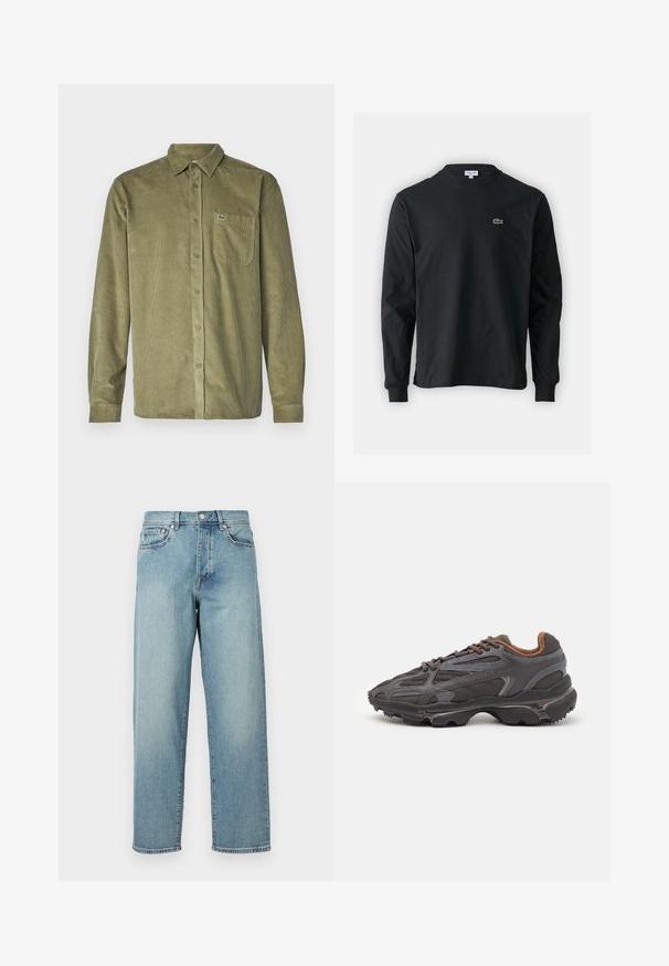 Oliven grønn cordfløyelskjorte med knappelukking foran, lange ermer, spiss krage og brystlomme med en liten logo.; Svart langermet T-skjorte laget av bomull, med rund hals og en liten grønn brodert krokodillelogo på venstre bryst.; Lys blå denimjeans med løs passform, rette ben, fem-lomme-design og knappelukking i livet. Minimalistisk sømdetalj.; Lacoste-sneakers i mørkegrått med mesh- og syntetisk materiale, med en teksturert såle og brune detaljer på kragen og merket.
