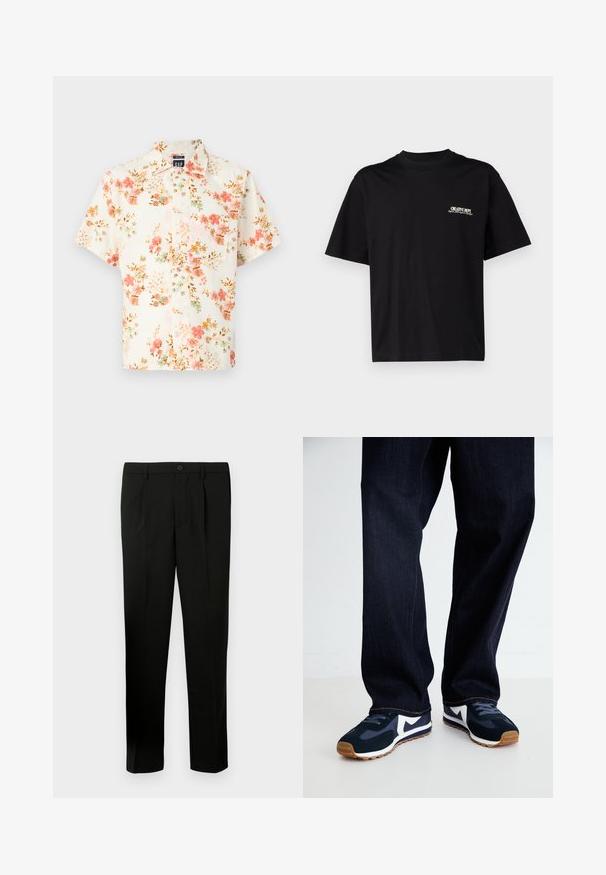 Camicia a maniche corte con sfondo crema e motivo floreale in toni di rosa, verde e marrone; chiusura con bottoni e colletto standard.; T-shirt in cotone nero con maniche corte, scollatura rotonda e stampa in bianco e oro sulla parte sinistra del petto, caratterizzata da una vestibilità rilassata.; Pantaloni neri su misura con fronte piatto, due pieghe, chiusura con bottone, tasche laterali e taglio dritto. Realizzati in un tessuto morbido.; Scarpe da ginnastica navy e bianche con una tomaia testurizzata, lacci e suola in gomma, abbinate a pantaloni di denim scuro con cuciture arancioni.