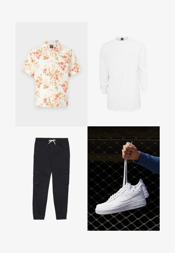 Kurzarmshirt mit cremefarbenem Hintergrund und floralem Muster in rosa, grün und braun; Knopfverschluss und klassischer Kragen.; Langärmliges, weißes Baumwoll-T-Shirt mit Rundhalsausschnitt, lockerer Passform und gerippten Bündchen. Schlichtes Design, keine Grafiken oder Muster.; Schwarze Cargo-Hosen aus Baumwolle mit einem elastischen Bund und Kordelzug, seitlichen Taschen und schmal zulaufenden Bündchen.; Weiße Leder-Sneaker mit Perforationen, runder Zehenpartie, flacher Sohle und dicken Schnürsenkeln, mit sichtbar eingesticktem Swoosh-Logo und "AIR" an der Ferse.