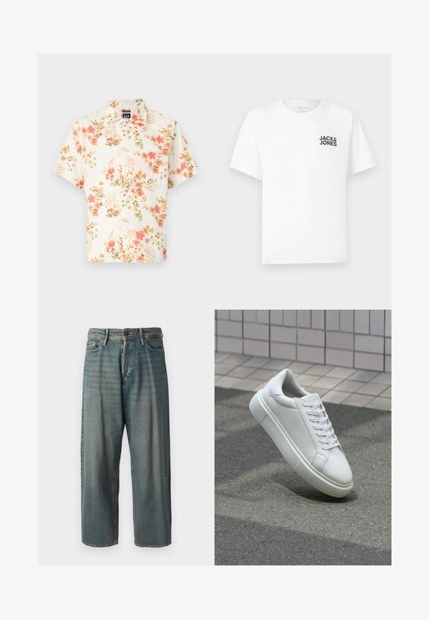 Lühikeste varrukatega särk, millel on kreemjas taust ja lilleline muster roosa, rohelise ja pruuni värvitooniga; nupuga sulgemine ja tavaline krae.; Valge puuvillane T-särk, lühikeste varrukatega, ümmarguse kaelusega. Vasakul rinnal on musta teksti logoga "JACK & JONES". Lihtne, üksikasjadeta disain.; Heledad sinine denim-stiilis teksad, volüümse lõike, keskmise kõrgusega talje ja sirgete säärega. Omab viit taskut, vöökumme ja nööpide sulgemist.; Valge nahkline sneka, millel on sile pind, ümar varvas ja lame valge pael. Omab tekstuuriga kummist talla ja minimaalset kujunduselementi.