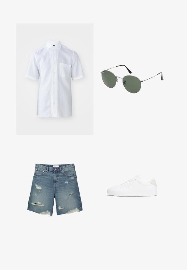 Camicia bianca a maniche corte in tessuto di lino leggero con colletto button-down, taschino frontale e superficie leggermente texturizzata.; Pantaloni corti in denim blu chiaro con toppe strappate. Presentano una vita standard, lunghezza approssimativa fino al ginocchio e orli sfilacciati.; Sneaker bianco con tomaia in pelle liscia, punta rotonda, suola piatta e design minimalista. Presenta un branding sottile e un accento beige sul tallone.; Occhiali da sole con montatura in metallo e lenti verdi ovali. Montatura sottile in metallo argento e terminali neri. Design minimalista, senza loghi visibili.