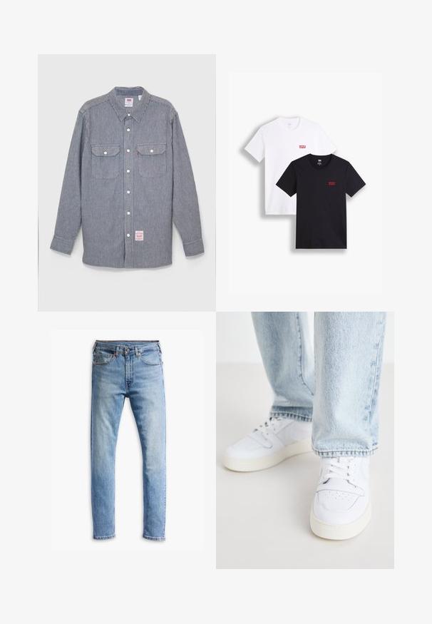 Levi's® Workwear CLASSIC WORKER WORKWEAR - Krekls - t3 mt washington hic; Divi īsās piedurkņu t-krekli: viens balts un viens melns. Abus izgatavoti no kokvilnas ar sarkano Levi's logo uz krūšu. Vienkārša apaļa kakla dizaina.; Gai zilgani džinsi ar taisnu piegriezumu, piecām kabatām, pogu aizdari un vieglu izbalējumu pa audumu.; Biezi balti ādas apavi līdz potītei ar perforētu purngalu, plakaniem šņorēm un minimālistisku dizainu. Saskaņoti ar gaiši ziliem džinsiem.