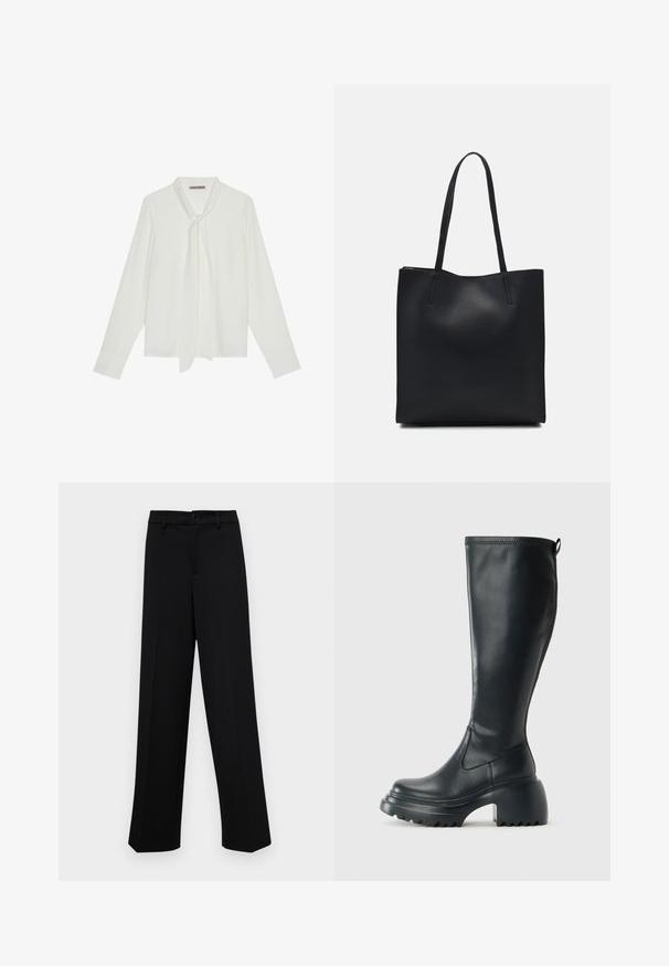 White long-sleeve blouse made of smooth fabric, featuring a tie at the neck and tailored cuffs. Simple, classic design without patterns.; Black wide-leg trousers made of smooth fabric, featuring a classic waistband with a button closure and front pleats.; Tall black leather boot with chunky platform sole and block heel, featuring pull tab and textured tread on outsole.; Black leather tote bag with smooth texture, rectangular shape, and two long handles. No visible hardware or embellishments.