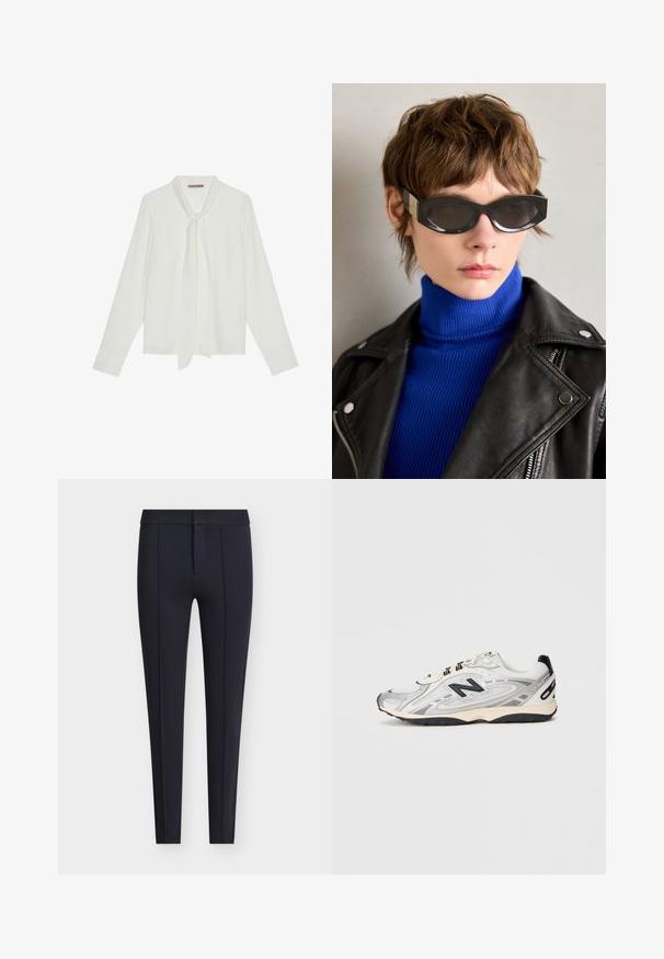 Witte blouse met lange mouwen van gladde stof, voorzien van een strik bij de hals en op maat gemaakte manchetten. Eenvoudig, klassiek ontwerp zonder patronen.; Marineblauwe op maat gemaakte broek van glad stof, met een aangesloten silhouet, voorkantplooien en een verborgen ritssluiting met knoopsluiting.; Grijze en witte sportschoen met een ronde neus, gemaakt van mesh en synthetische materialen, zwarte accenten en een gestructureerde rubberen zool.; Zwarte zonnebril met ronde randen en getinte lenzen. Bevat gouden accenten op de sleuven. Gecombineerd met een blauwe geribbelde coltrui en een leren jasje.