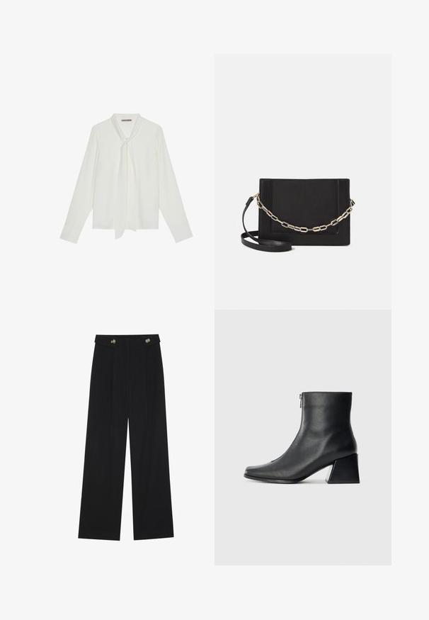 Bijela bluzica s dugim rukavima, izrađena od glatke tkanine, s vezicom oko vrata i krojenim manžetama. Jednostavan, klasičan dizajn bez uzoraka.; Crne hlače širokih nogavica s visokim strukom, s dugmadi na pojasu i prednjim nabora.; Crne kožne gležnjače sa četvrtastim vrhom, bočnim patentnim zatvaračem i blok petom na jednostavnoj svijetloj pozadini.; Crna kožna torba preko tijela s glatkom teksturom, pravokutnim oblikom i metalnim lancem na prednjoj strani. Uključena je podesiva naramenica.