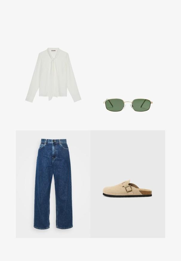Weiße Bluse mit langen Ärmeln aus glattem Stoff, mit einer Schleife am Kragen und taillierten Manschetten. Schlichtes, klassisches Design ohne Muster.; Helle blaue Denim-Breitbeinhosen mit hoher Taille, sichtbaren Nähten und normalen Taschen. Verfügt über einen Knopf- und Reißverschluss.; Beige Wildleder-Slipper mit einem Korkfußbett, runder Zehenpartie und einem einfachen Riemen mit einer goldfarbigen Schnalle. Gummi-Sohle für besseren Halt.; Sonnenbrille mit einem goldenen Metallrahmen, grünen Gläsern, rechteckiger Form und klaren Kunststoff-Nasenpads. Dünne, schlanke Bügel mit minimalistischem Design.; Burgunderfarbene Lederhandtasche mit geschwungener Form, goldenen Beschlägen und strukturiertem Finish. Verfügt über einen Reißverschluss und einen verstellbaren Schulterriemen.