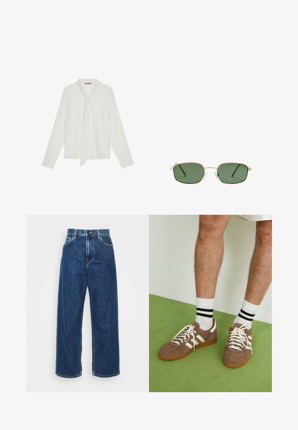Biała bluzka z długim rękawem wykonana z gładkiego materiału, z wiązaniem przy szyi i dopasowanymi mankietami. Prosty, klasyczny design bez wzorów.; Jasnoniebieskie dżinsowe spodnie szerokie w nogawkach z wysokim stanem, widocznym szwem i standardowymi kieszeniami. Posiadają zapięcie na guzik oraz zamek błyskawiczny.; Brązowe zamszowe sneakersy z białymi akcentami i sznurówkami. Gumowa, brązowa podeszwa. Noszone z białymi skarpetkami w czarne paski. Zielona teksturowana podłoga.; Okulary przeciwsłoneczne z złotą metalową oprawą, zielonymi soczewkami, prostokątnym kształtem i przezroczystymi noskami z plastiku. Cienkie, smukłe zauszniki o minimalnym designie.; Burgundowa skórzana torebka o zaokrąglonym kształcie, z złotymi elementami i teksturowanym wykończeniem. Posiada zamek błyskawiczny i regulowany pasek.