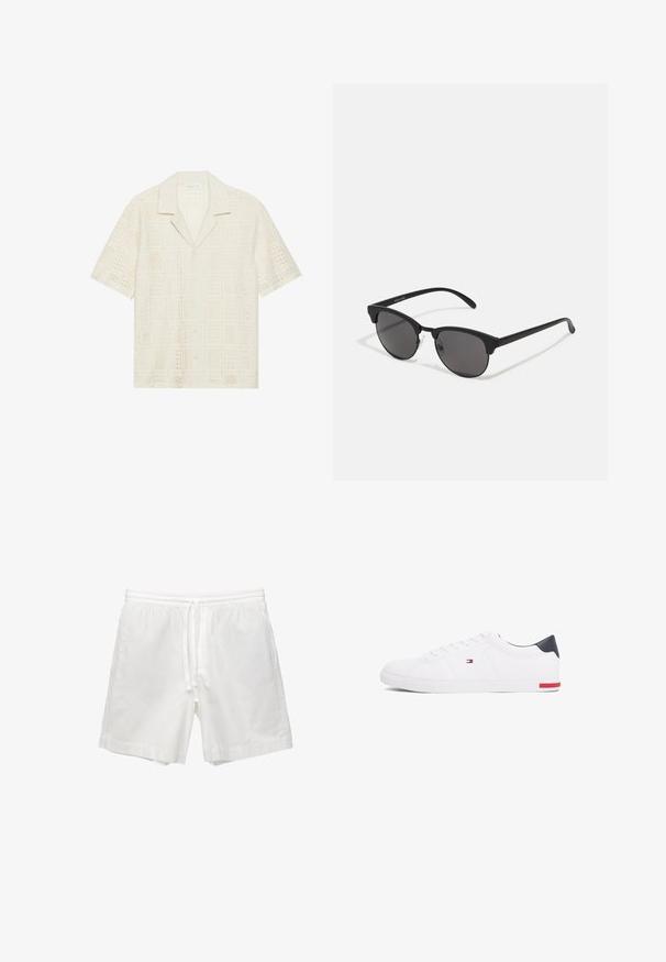 Camicetta a maniche corte in morbido tessuto crema chiaro, caratterizzata da un design testurizzato e perforato con motivi a squarci e colletto a punte.; Shorts bianchi in cotone con vita elasticizzata e cordino, tasche laterali e taglio dritto con orli rifiniti.; Sneakers bianchi a punta bassa realizzati in pelle liscia. Presentano una tomaia blu navy sul tallone e un accento rosso sulla suola. Sei occhielli per i lacci.; Occhiali da sole neri con lenti rotonde, finitura opaca e forma distintiva a occhio di gatto. Astine sottili con un branding discreto sulla tempia sinistra.