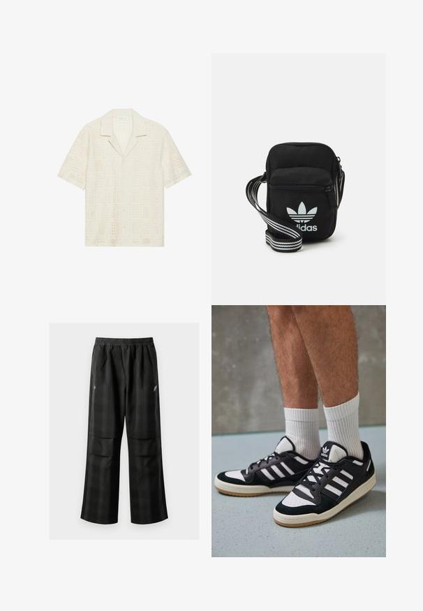 Īsām piedurkņu krekls no gaiši krēmveida auduma, ar teksturētu, perforētu dizainu, kurā redzami kvadrāta raksti un norādītā apkakle.; Melnas kvadrātveida bikses ar elastīgu jostu, divām priekšējām kabatām un brīvu piegriezumu ar taisnām kājām. Izgatavotas no viegla materiāla.; Melnas un baltas kedas ar zamša un ādas augšdaļu, kas aprīkotas ar trim baltām svītrām, perforētu purngali un gumijas zolēm.; Melna auduma crossbody soma ar rāvējslēdzēja aizdari, kurai ir balts Adidas logo un svītrainas regulējamas siksnas ērtiem pārvietošanās veidiem.; Baltas pērļu kaklarota ar vienmērīgu apaļu formu, gludu virsmu un metāla aizdari ar pagarinājuma ķēdi regulējamai garumam.