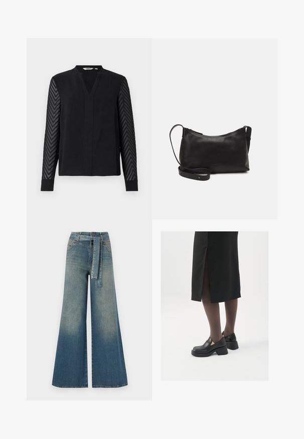 Juoda palaidinė su V formos iškirpte ir ilgomis rankovėmis, pagaminta iš tekstūruoto, chevrono rašto permatomo audinio. Paprastas dizainas, minkšta medžiaga.; Platus džinsinis kelnes su šviesiai tamsiai mėlynu gradientu, aukštu juosmeniu, diržo kilpomis ir atitinkančiu audinio diržu. Textūruotas džinsinis paviršius.; Juodos odinės bateliai su apvaliu nosiu, stora blokine pakulne ir elastingais šonais, derinami su tamsiomis pėdkelnėmis ir juoda sijonu su plyšiu.; Juodas odinis petinis krepšys su lygiu paviršiumi, išlenkta forma, reguliuojama dirželiu ir užtrauktuku. Minimalistinis dizainas be puošmenų.