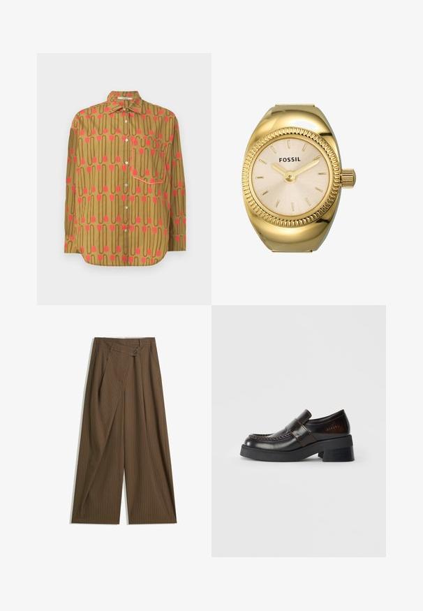 Hemd zum Knöpfen aus braunem Stoff mit wiederholtem Muster aus pinkfarbenen Tulpenformen und Linien; versehen mit einer Brusttasche und geknöpften Ärmeln.; Braune weite Hose mit dünnen weißen Streifen, hoher Taillenschnitt, vorderer Knopfverschluss und Überwurfpanel im Wickelstil.; Braune Lederloafer mit einem dicken schwarzen Absatz, die über ein gestepptes Design und einen Riemen über dem Fußrücken für zusätzlichen Detailreichtum verfügen.; Goldfarbene Fossil-Uhr mit einem strukturierten, cremefarbenen Zifferblatt, schmalen Stundenmarkierungen und einer Krone. Sie verfügt über ein rundes Gehäuse mit einer gerippten Lünette.