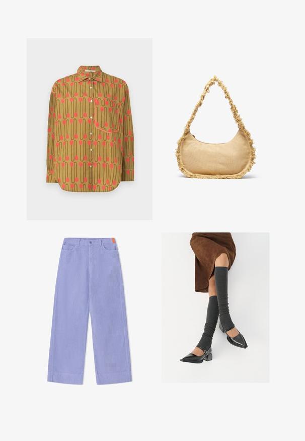 Camisa abotonada de tela marrón con un patrón repetitivo de formas de tulipanes rosas y líneas; incluye un bolsillo en el pecho y mangas con puños.; Pantalones de pierna ancha en tejido acanalado color púrpura claro, con cierre frontal de botones, dos bolsillos y un acento naranja en la cintura.; Zapatos de charol negros con punta afilada, tacón bloque y tira de tobillo, combinados con calentadores de piernas de canalé grises y una falda de ante marrón.; Bolso beige texturizado con forma redondeada, con un borde deshilachado a lo largo de los lados y una correa corta para llevar. Apertura con cremallera en la parte superior.