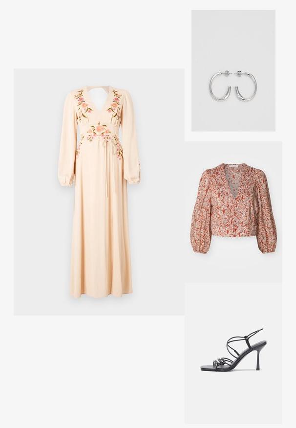 Blusa roja y crema con estampado floral, escote en V profundo, mangas abullonadas y cierre de botones en la parte frontal. Tejido ligero y texturizado.; Largo vestido de color rosa pálido con mangas largas, escote en V, bordados de flores en rosa y verde, y un cinturón ajustable en la cintura. Presenta una abertura frontal.; Las sandalias negras de tacón alto presentan finas correas con un diseño anudado, una punta cuadrada suave y un elegante tacón de aguja.; Aros de plata en forma de aro con un acabado liso y brillante. Diseño redondeado y ligero, con cierre de tipo post-back.