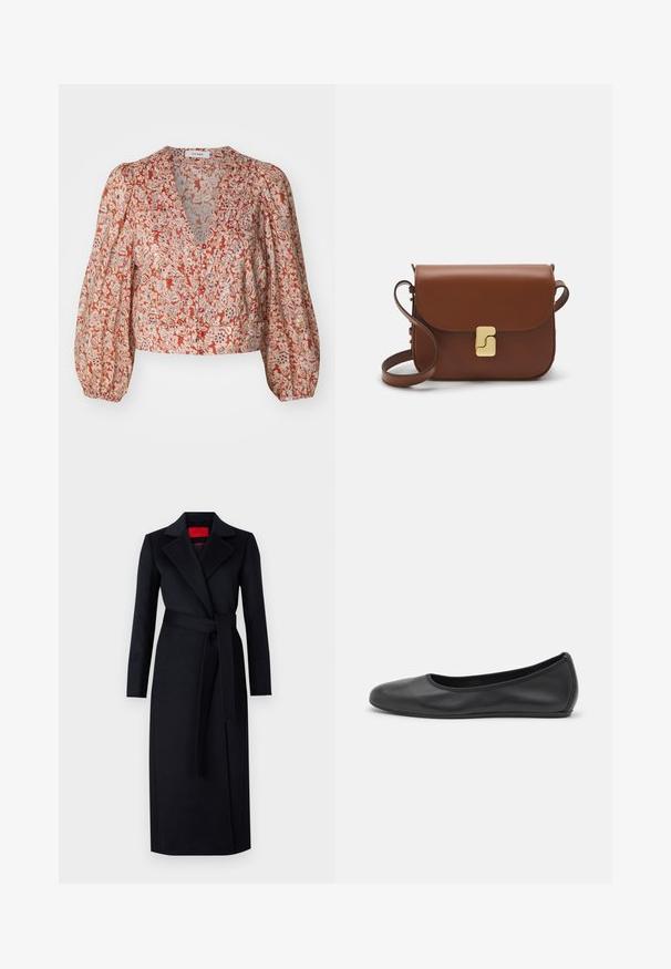 Bluzica s cvjetnim uzorkom u crvenoj i krem boji, s dubokim V-izrezom, puf rukavima i kopčanjem sprijeda. Lagana, strukturirana tkanina.; Crni trench kaput s dugim rukavima, omotani dizajn i odgovarajući pojas. Izrađen od glatke tkanine, s uklještenim ovratnikom i bočnim džepovima.; Crne kožne baletanke s zaobljenim vrhom, glatke teksture, minimalnim detaljima šavova i fleksibilnim dizajnom potplata.; Smeđa kožna torba s preklopom, zlatnim detaljima, remenom za nošenje preko ramena i glatkom teksturom. Kompaktni pravokutni oblik.