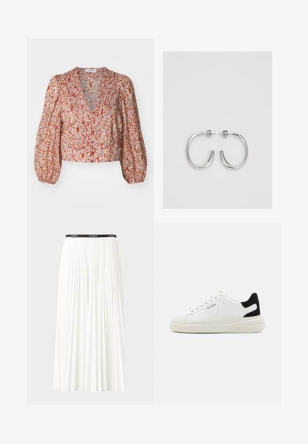 Ziedu raksta sarkans un krēmkrāsas blūze ar dziļu V veida izgriezumu, puff piedurknēm un pogu aizdari priekšpusē. Viegls, teksturēts audums.; Gari plānas baltas svārku ar melnu elastīgu jostu, uz kuras redzams "LACOSTE" logo. Vidēja garuma dizains ar mīkstu tekstūru.; Baltas ādas sporta apavi ar biezu balto zoli, melna zamša uzpura un izspiestais logotips sānos. Šņorējuma dizains ar sešiem acu caurumiem.; Sudraba riņķveida auskari ar gludu, spīdīgu apdari. Apaļas formas, viegla dizaina, ar aizdari uz stieples.