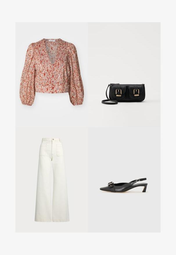 Raudona ir kremine gėlėta bluzonė su giliais V forma kaklu, pūstomis rankovėmis ir mygtukų uždarymu priekyje. Lengvas, tekstūruotas audinys.; Plati kojinės džinsai of white denimo. Aukštas liemuo, su mygtuko uždarymu, dviem priekinėmis kišenėmis ir kontrastingai siuvinėjimu.; Juodas odinis slingback batelis su smailiu nosiu, maža pakulne ir dekoratyvine sagtimi viršuje. Lygus paviršius, minimalistas dizainas.; Juodas odinis per petį nešiojamas krepšys su dviem priekiniais kišenėmis, auksiniais sagtimis, užtrauktuko uždarymu ir siauromis petnešomis. Textūruota paviršius ir kompaktiškas stačiakampis formatas.