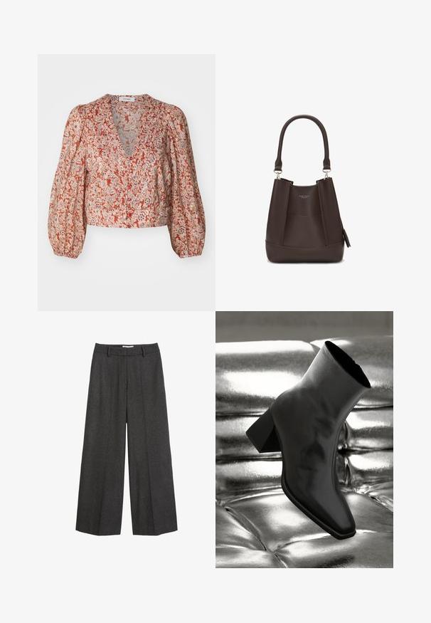 Hedvábná blůza s květinovým vzorem v červené a krémové barvě, s hlubokým výstřihem do V, nabíranými rukávy a zapínáním na knoflíky vpředu. Lehká, texturovaná tkanina.; Široké kalhoty v tmavě šedé tkanině. Mají upravený pas s poutky na pásek, hladkou strukturu a minimalistické švy.; Černá kotníková bota vyrobená z lesklého materiálu se čtveratou špičkou a zúženým podpatkem, umístěná na lesklém stříbrném prošívaném pozadí.; Carlheim ADALINE - Kabelka - brown