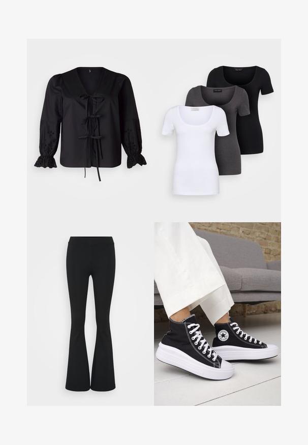 Vero Moda Curve VMCSEHRA FRONT TIE - Blouse - black; Three fitted T-shirts in white, gray, and black. Each features a wide scoop neckline and short sleeves. Made from smooth, stretchy fabric.; Black flared pants made of stretchy fabric, featuring a high waistband and a smooth texture. The pants flare out from the knee.; Black high-top sneakers with white rubber soles and laces. Features a round logo patch and contrasting white stitching. Canvas material.