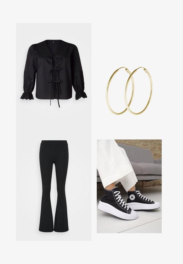 Vero Moda Curve VMCSEHRA FRONT TIE - Blouse - black; Pantalon évasé noir en tissu extensible, présentant une taille haute et une texture lisse. Le pantalon s'élargit à partir du genou.; Baskets montantes en toile noire avec semelles et lacets en caoutchouc blanc. Elles présentent un logo circulaire sur le côté et un contraste de coutures blanches.; Boucles d'oreilles en or en forme de cerceau, présentant un design lisse et rond avec une finition brillante. Construction légère avec un fermoir sécurisé.