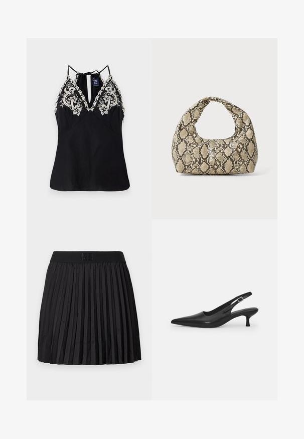 Čierny top bez rukávov s hlbokým výstrihom, zdobený zložitou bielou kvetinovou výšivkou pozdĺž ramien a detailom na viazanie na chrbte.; Čierna plisovaná sukňa s hladkou textúrou, s pevným čiernym pásom a vyrazeným logom na prednej strane.; Čierne kožené sandále s úzkym špičatým prstom a štíhlym zakriveným podpätkom. Majú diskrétny nastaviteľný popruh s kovovou sponou.; Kabelka s hadím vzorom a zakriveným rukoväťou. Vyrobená z textúrovaných béžových a hnedých materiálov, s charakteristickým diamantovým vzorom.