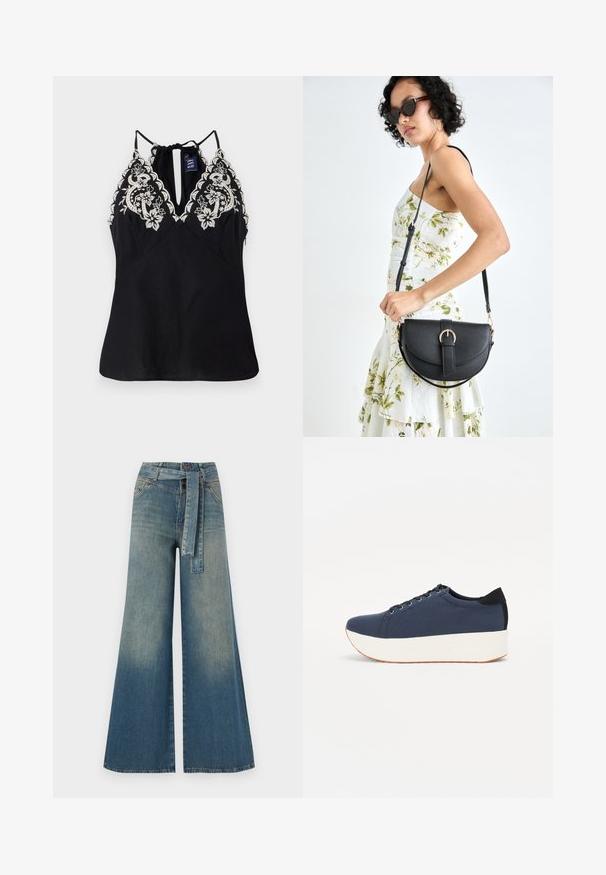 Zwarte mouwloze top met een diepe halslijn, voorzien van ingewikkelde witte bloemborduring langs de schouders en een strikdetail aan de achterkant.; Wijduitlopende denim broek met een lichte naar donkere blauwe gradient, hoge taille, riemlussen en een bijpassende stoffen riem. Gestructureerde denimafwerking.; Marineblauwe sneaker met een textuurstof bovenwerk, witte platformzool, ronde neus en zwart hakaccent. Voorzien van zes gaatjes voor veters.; Zwarte leren handtas met een gebogen vorm, afneembare schouderband en gouden hardware. De tas heeft een klep met een gespsluiting.