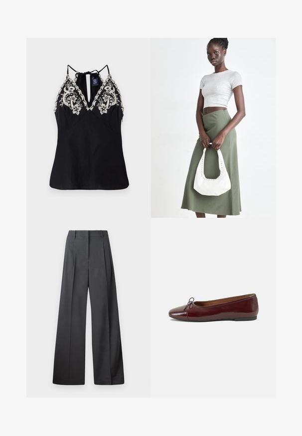 Top negro sin mangas con un escote pronunciado, que presenta un intrincado bordado floral blanco en los hombros y un detalle de lazo en la espalda.; Pantalones de pierna ancha en tejido gris oscuro, con una cintura alta, pliegues simples y una textura suave con un acabado limpio en los dobladillos.; Bailarina de charol burdeos con punta redonda, pequeño lazo en la parte frontal y una suela baja de goma negra. Textura suave.; Top corto de canalé gris y falda de tiro alto verde oliva. La modelo sostiene un bolso de hombro blanco con detalles recortados. Diseño simple, silueta ajustada.