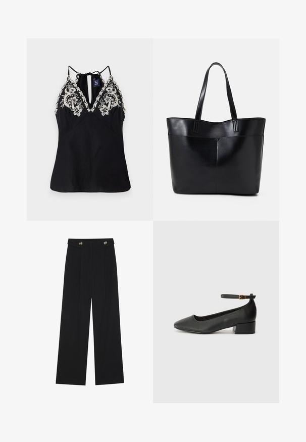 Zwarte mouwloze top met een diepe halslijn, voorzien van ingewikkelde witte bloemborduring langs de schouders en een strikdetail aan de achterkant.; Zwarte wijde broek met hoge taille, knoopdetails op de tailleband en plooien aan de voorkant.; Zwarte leren pump met een spitse neus en een lage blokhak. Beschikt over een enkelband met een goudkleurige gespsluiting. Gladde textuur.; Zwarte leren tote bag met twee lange handvatten, een zachte textuur en een gestructureerde vorm. Voorzien van een voorvak voor extra opslagruimte.