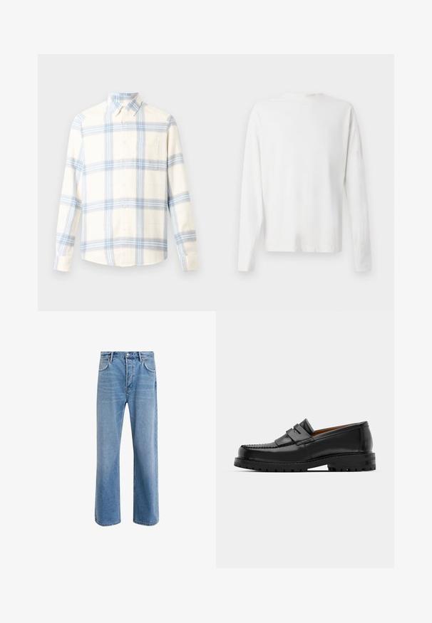 Koszula w kratę z długim rękawem w kolorze kremowym, z niebieskimi i jasnoniebieskimi paskami. Posiada zapięcie na guziki, kołnierzyk oraz jedną kieszeń na piersi. Materiał bawełniany.; Biała, bawełniana koszula z długim rękawem, okrągłym dekoltem, bocznymi rozcięciami na dole oraz gładką fakturą, wyeksponowana z tyłu.; Jasnoniebieskie dżinsy o prostym kroju, pięć kieszeni, zapięcie na guzik, minimalne blaknięcia i kontrastowe wykończenia szwów.; Czarne skórzane mokasyny mają wyraźny szew, dwa dekoracyjne paski na górze oraz grubą, teksturowaną podeszwę dla lepszej przyczepności.