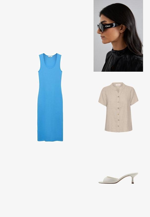 Camicia button-up beige chiaro con colletto alla cinese, maniche corte e pieghe frontali. Presenta bottoni in legno e una vestibilità rilassata e squadrata.; Abito top blu realizzato in tessuto morbido e elasticizzato, caratterizzato da una scollatura a bargello e un taglio aderente fino alla caviglia. Nessun motivo o accessori visibili.; Mule con tacco alto, aperti davanti e di colore bianco, con una finitura liscia, design minimalista e tacco slanciato, caratterizzati da un sottile accento marrone sulla suola.; Occhiali da sole neri con lenti rotonde e montatura bold e angolare, con il marchio "Chloé" in bianco sul lato. Finitura liscia e lucida.; Orologio da polso rettangolare dorato con quadrante bianco, indicatori delle ore in tono argento e un robusto bracciale in metallo. Include la funzione di resistenza all'acqua.