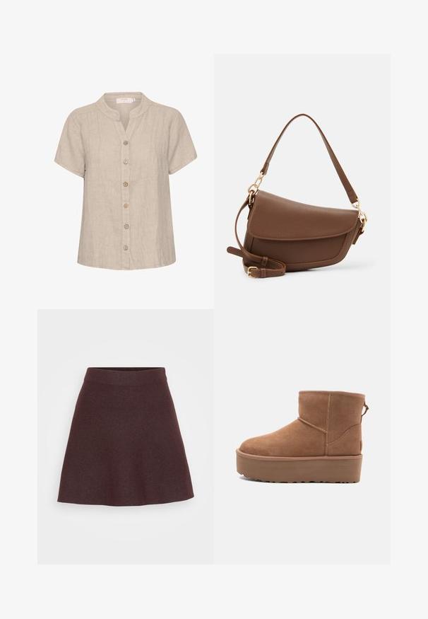 Világos bézs gombos ing mandarin gallérral, rövid ujjú, elöl plissézett. Fa gombokkal és laza, dobozos fazonnal rendelkezik.; Burgundi színű kötött szoknya, amelynek szögletes kialakítása, széles derékrésze és sima textúrája van, egyszínű, minta vagy díszítés nélkül.; Barna suede bokacsizma platform talppal, lekerekített orral és varrás részletekkel; a hátsó részen húzófül található a könnyű felhúzás érdekében.; Barna bőr válltáska texturált felülettel, ívelt formával, aranyszínű fémrészekkel, állítható pánttal és fedélzárral.