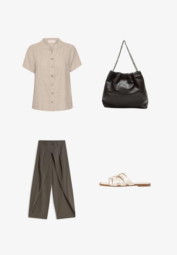 Jasno beżowa koszula na guziki z mandaryńskim kołnierzykiem, krótkimi rękawami i fałdami z przodu. Posiada drewniane guziki i luźny, pudełkowy krój.; Spodnie o szerokich nogawkach wykonane z teksturowanej, ciemnoszarej tkaniny. Posiadają fałdy z przodu, zapięcie na guzik oraz boczne kieszenie dla wygody.; Płaskie sandały z brązową gumową podeszwą, zaprojektowane z trzema nakładającymi się na siebie białymi skórzanymi paskami i małym detalem w postaci kokardy na środku.; Brązowa skórzana torba z marszczonym szczytem i łańcuszkowym paskiem. Gładka tekstura z błyszczącym wykończeniem i subtelnymi detalami szwów po bokach.