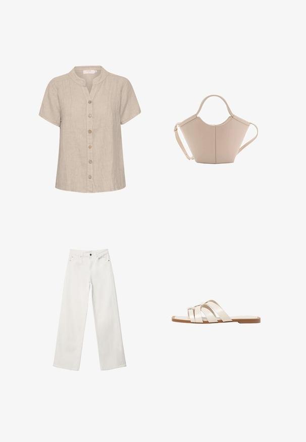Světle béžová košile na knoflíky s mandarínským límcem, krátkými rukávy a předními sklady. Má dřevěné knoflíky a uvolněný, boxy střih.; Bílé široké džíny vyrobené z denimu, s vysokým pasem, pětičkovým designem a uzavíráním na kovový knoflík. Hladká textura, bez vzorů.; Ploché sandály s hnědou gumovou podrážkou, navržené se třemi překrývajícími se bílými koženými řemínky a malým mašlí uprostřed.; Beige kožená kabelka s jedinečným tvarem, vybavená dvěma krátkými uchy a dlouhým nastavitelným popruhem. Hladká textura s minimem kovových doplňků.