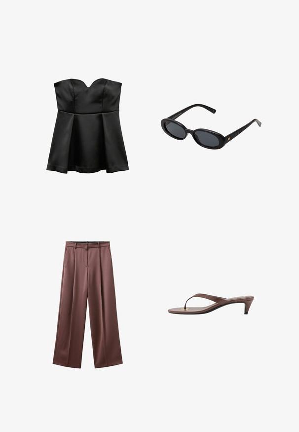 Svart satin strapless peplum-topp med hjärtformad halsringning, slät textur och utställd nederkant, med subtila sömmar och rena linjer.; Breda byxor i mörkbrun tyg med en slät yta, med framveck och sidofickor. Skräddarsydd midja utan synlig hårdvara.; Bruna klackflip-flopsandaler med en smal rem och rund tåpost, med en liten guldaccent på fotbädden.; Svarta överdimensionerade solglasögon med ovala linser, slät plastbåge och guldaccent på bågarna. Mörka linser ger solskydd.; Svart läderhandväska med en slät yta, guldiga detaljer och en smal design. Har en tunn rem och ett spänne upptill.