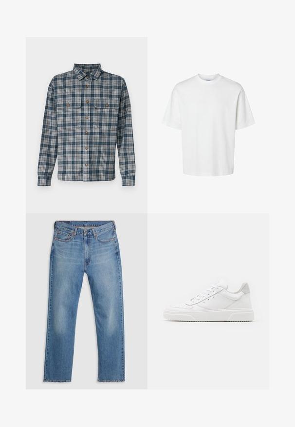 Karo storais marškiniai, pasižymintys tamsiai mėlyna ir smėlio spalvomis, ilgomis rankovėmis, dviem krūtinės kišenėmis ir rudais mygtukų akcentais. Iš medvilnės audinio.; Balta medvilninė marškinė su trumpomis rankovėmis, apvaliu iškirpimu ir laisvu siluetu. Lygus paviršius be matomų raštų ar akcentų.; Mėlyni tiesaus silueto džinsiniai kelnių su priekinėmis sagomis ir užtrauktuku, diržo kilpos ir penkių kišenių dizainas ant balto fono.; Balti odiniai sportbačiai su lygiu paviršiumi, apvaliu pirštu, plokščiomis raištelėmis ir struktūrizuota padu. Pilko zimšo akcentas ant kulno.