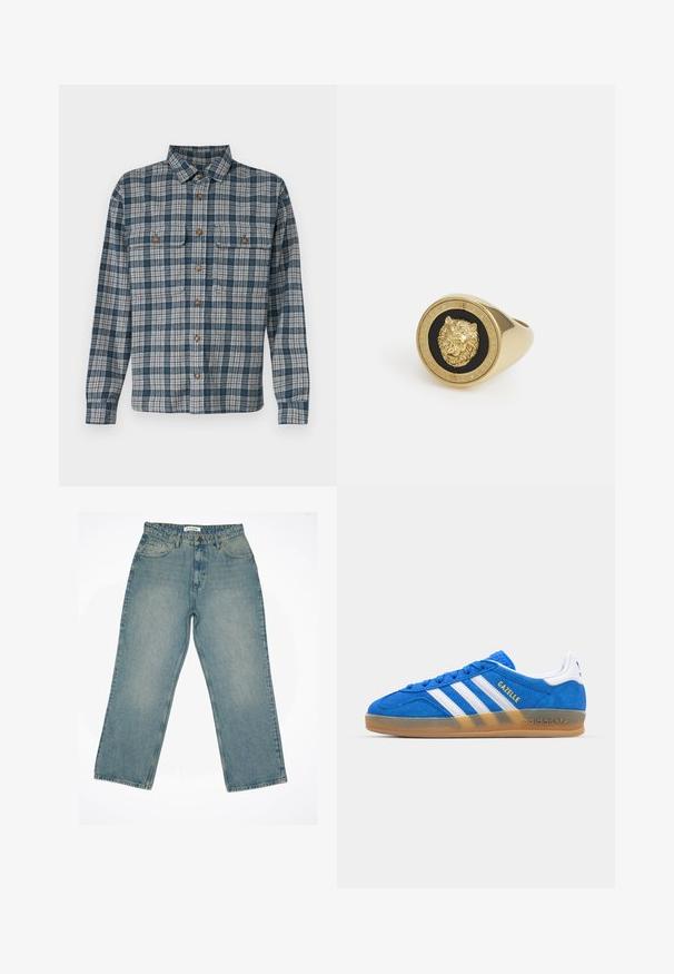 Chemise à carreaux boutonnée présentant un schéma de couleurs bleu marine et beige, à manches longues, avec deux poches poitrine et des accents de boutons marron. Tissu en coton.; T-shirt blanc à manches courtes en coton doux. Il présente un col rond et une coupe décontractée, avec une texture lisse et un design épuré, sans ornements.; Jean en denim bleu clair avec une taille haute et une coupe large. Présente des poches avant, une fermeture éclair et des détails de couture visibles.; Baskets en daim bleu avec des rayures blanches et le texte "Gazelle". Présentent une semelle en caoutchouc à gomme et des accents texturés sur le dessus. Design classique.; Bague dorée présentant un motif de lion en relief sur fond noir, entourée d'un anneau circulaire gravé au nom de la marque.