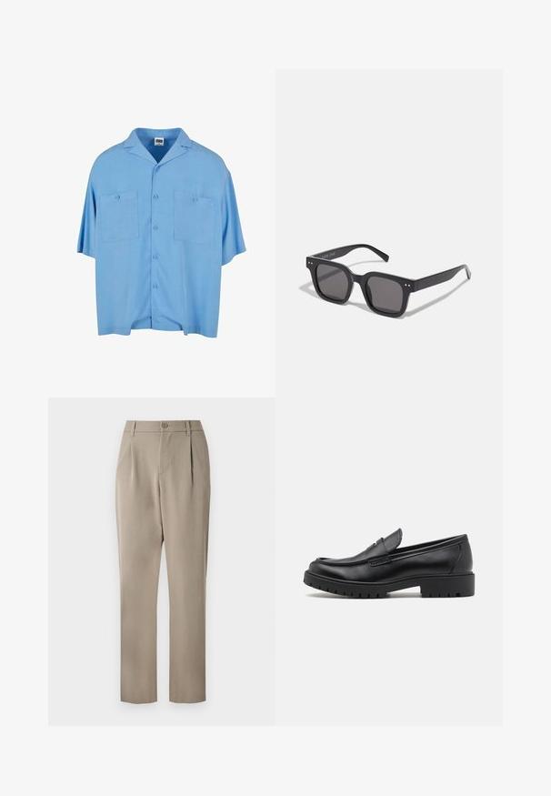Urban Classics RESORT - Overhemd - horizonblue; Witte mouwloze tanktop van ribgewoven katoen. Heeft een ronde halslijn en een gladde textuur. Etiket leest "PULL&BEAR."; Khaki broeken met een rechte pijpdesign, voorzien van een knoopsluiting en een geplooide voorkant. Gemaakt van gladde stof met een matte afwerking.; Zwarte leren instappers met een ronde neus, slip-on ontwerp en dikke rubberen zool met een gestructureerde grip. Verhoogde hak en subtiele stikdetails.; Zwarte rechthoekige zonnebril met donkere lenzen, voorzien van een dik montuur, subtiele accenten aan de zijkanten en zonder zichtbare logo's behalve de merknaam.; Metalen kwarts horloge met een zwarte wijzerplaat, witte cijfers en een datumweergave. Voorzien van een roestvrijstalen band en een waterbestendigheid van 100 meter.