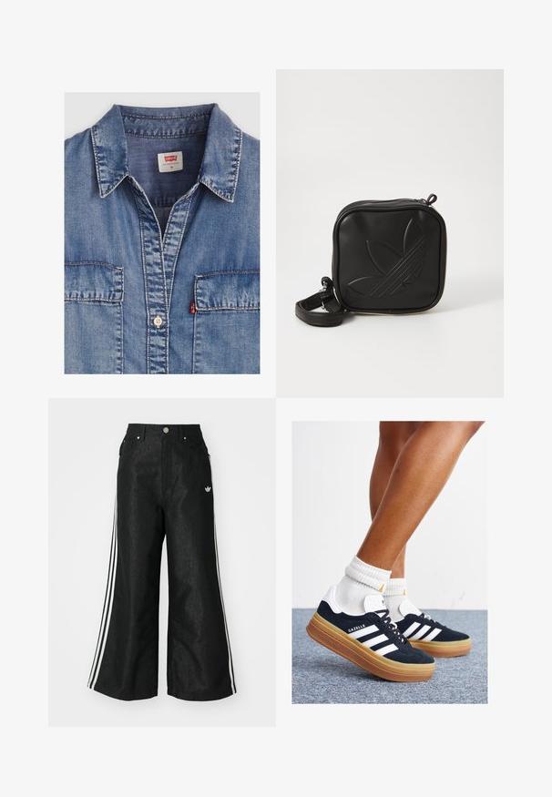 Chemise en denim bleu clair avec un col pointu, deux poches avant, fermeture à boutons et détails de coutures contrastantes. L'étiquette indique "Levi's".; Pantalon en denim large noir avec trois accents de rayures blanches de chaque côté et un petit logo blanc. Dispose de poches avant et d'une fermeture à bouton.; Baskets en daim noir avec des rayures et des accents blancs, bout arrondi, semelle extérieure en caoutchouc gomme, associées à des chaussettes blanches côtelées mi-mollet.; Sac bandoulière noir en matériau synthétique texturé. Présente un design de logo en relief et une bandoulière réglable. Fermeture zippée.