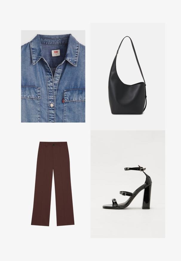 Camicetta di jeans azzurri chiari con colletto a punta, due tasche frontali, chiusura con bottoni e dettagli di cucitura a contrasto. L'etichetta indica "Levi's."; Pantaloni a gamba larga in un ricco tessuto marrone. Presentano una chiusura a bottone, due tasche frontali, una texture liscia e linee pulite.; Sandali con tacco in vernice nera, con punta squadrata, cinturini alla caviglia e fibbie in argento. Presentano un tacco a blocco spesso per maggiore stabilità.; Borsa hobo nera in pelle con una superficie liscia, forma curvata e una singola tracolla regolabile; presenta un'ampia apertura nella parte superiore.