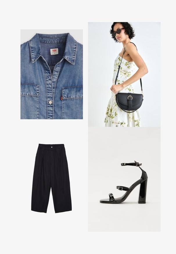 Camicetta di jeans azzurri chiari con colletto a punta, due tasche frontali, chiusura con bottoni e dettagli di cucitura a contrasto. L'etichetta indica "Levi's."; Pantaloni culotte neri in poliestere con una cintura elastica, due pieghe frontali e una silhouette ampia. Nessun motivo visibile o dettagli in metallo.; Sandali con tacco in vernice nera, con punta squadrata, cinturini alla caviglia e fibbie in argento. Presentano un tacco a blocco spesso per maggiore stabilità.; Borsa a tracolla nera in pelle con una forma curva, manico rimovibile e accessori dorati. La borsa presenta una patta con un dettaglio a fibbia.
