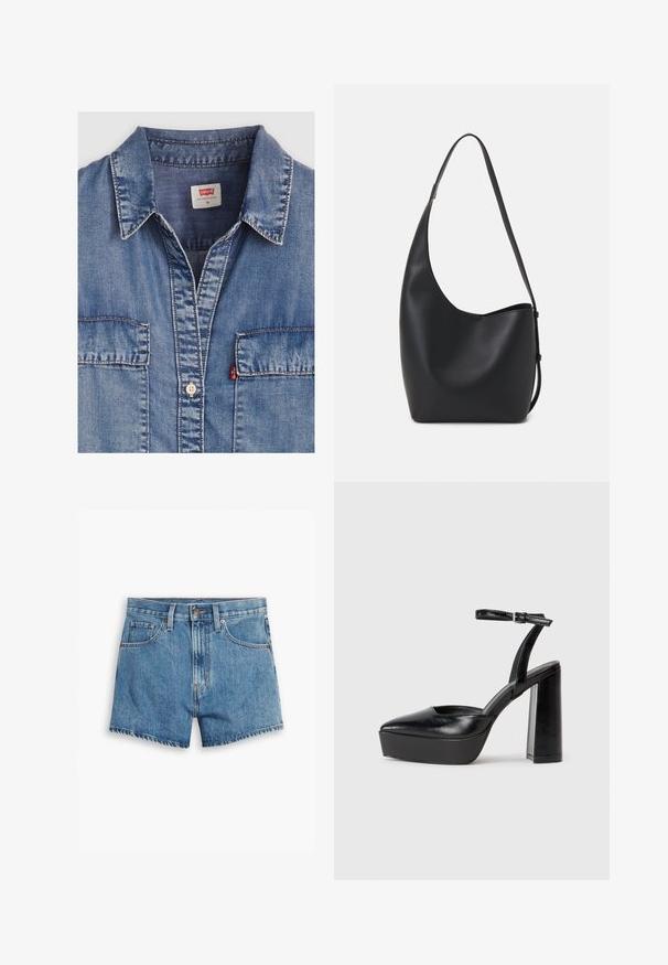 Light blue denim shirt featuring a pointed collar, two front pockets, button closure, and contrasting stitching details. Tag reads "Levi's."; Denim shorts in light blue, featuring five pockets, a zip fly, and a button closure. The hem is frayed with a relaxed fit design.; Black platform heels with a pointed toe and adjustable ankle strap. Constructed from smooth leather, featuring a chunky block heel.; Black leather hobo bag with a smooth texture, curved shape, and single adjustable strap; features a wide opening at the top.