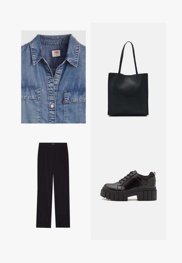 Lichtblauwe denim overhemd met een puntige kraag, twee voorzakken, knoopsluiting en contrasterende stikseldetails. Etiket zegt "Levi's."; Zwarte corduroy broek met een rechte snit, voorzien van een vlakke tailleband en zonder zichtbare zakken, een gladde textuur en verticale ribbelstructuur.; Zwarte leren platform schoenen met een stevige blokhak, ronde neus en een traditionele vetersluiting. Kenmerkt zich door een gladde textuur en minimale details.; Zwarte leren handtas met een gladde textuur, rechthoekige vorm en twee lange handvaten. Geen zichtbare hardware of versieringen.